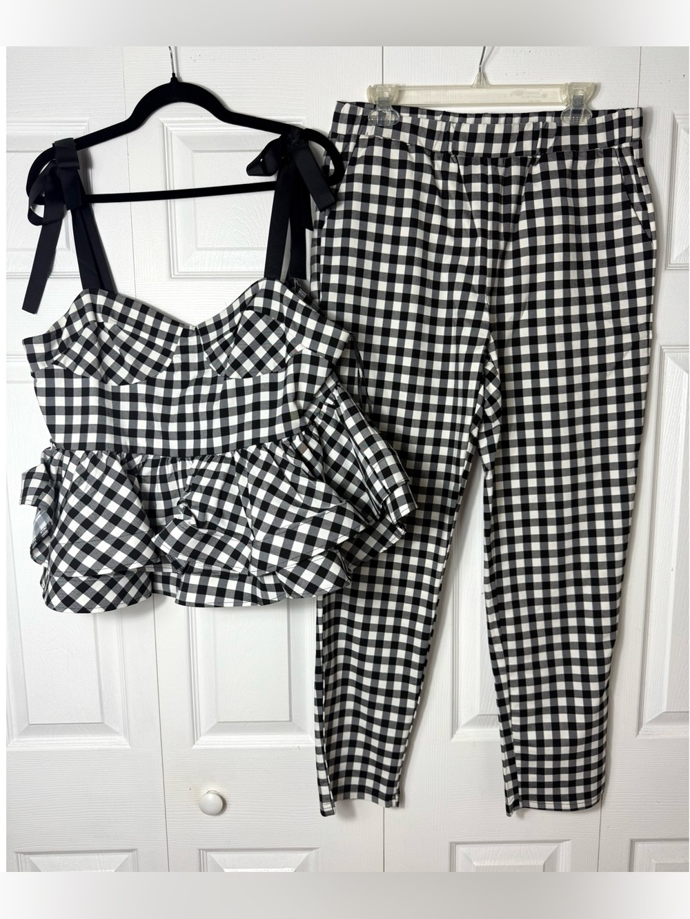 Shein Black White Gingham Check Peplum Top Pants Matching Set Size XL NWOT